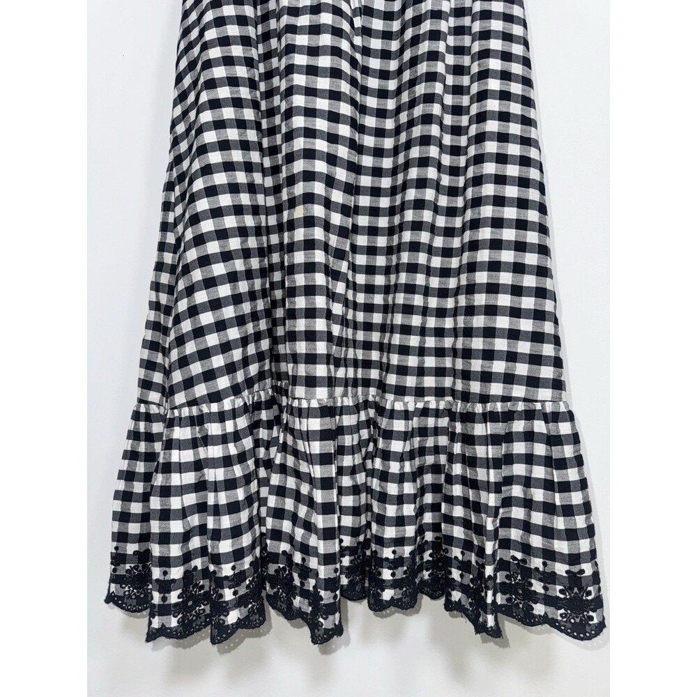 J. Crew Gingham Dress Women 14 Black White Tie Strap Midi Eyelet Trim Cottage - Picture 3 of 12